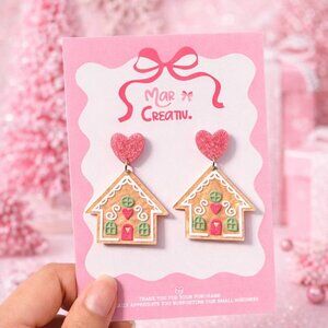 Gingerbread House Christmas Earrings Pink Heart Dangle Earrings Cute Holiday Jew